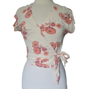 Madewell Cream Wrap Top with Coral Floral Print - XS